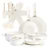 22-Piece Non-Stick Cookware Set, 6 Pots & 3 Lids, Removable Handles, Oven & Dishwasher Safe, Includes 28cm Soup Pot, Cream White Aluminum