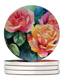 New York Roses in Watercolor Large Sandstone Coasters Pack of 4 Absorbent Round Coasters Decor Gifts for Men or Women, 4 in, Multicolor