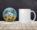 Maltese in Sunflowers Large Sandstone Coasters Pack of 4 Absorbent Round Coasters Decor Gifts for Men or Women, 4 in, Multicolor